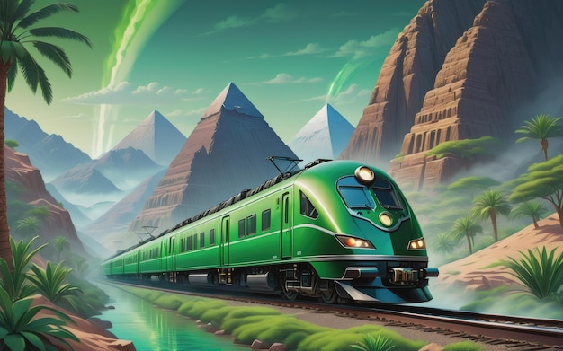 Viagem serena Trens de frente verde desliza contra um fundo de montanha majestoso