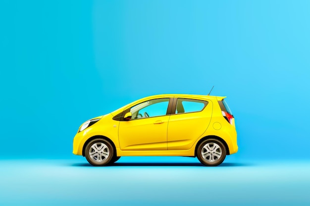 Viagem sustentável em veículo elétrico EV carro Pequeno carro elétrico amarelo sobre fundo azul brilhante