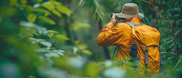 Viagem turística com uma mochila atividades ao ar livre observação de aves com binóculos e gravação de observações num livro