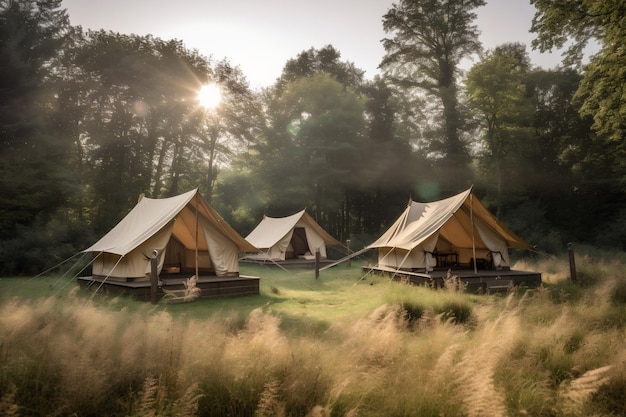 Viagens de luxo luz floresta tenda de lona glamping acampamento férias na natureza IA generativa