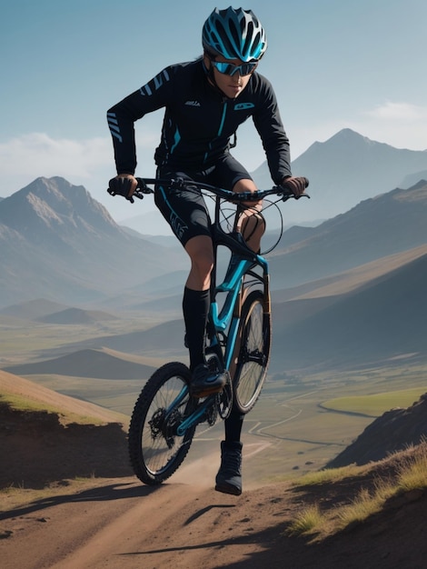 Foto viaja por el terreno accidentado en tu bicicleta de montaña con el viento en el cabello