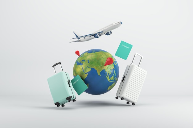 Viajando ao redor do mundo com malas e renderização em 3D de avião