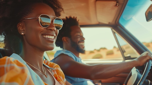 Viajando en automóvil Familia afroamericana disfrutando de un viaje por carretera de verano juntos Panorama Foco selectivo Una familia afroamericana viajando en coche en automóvil