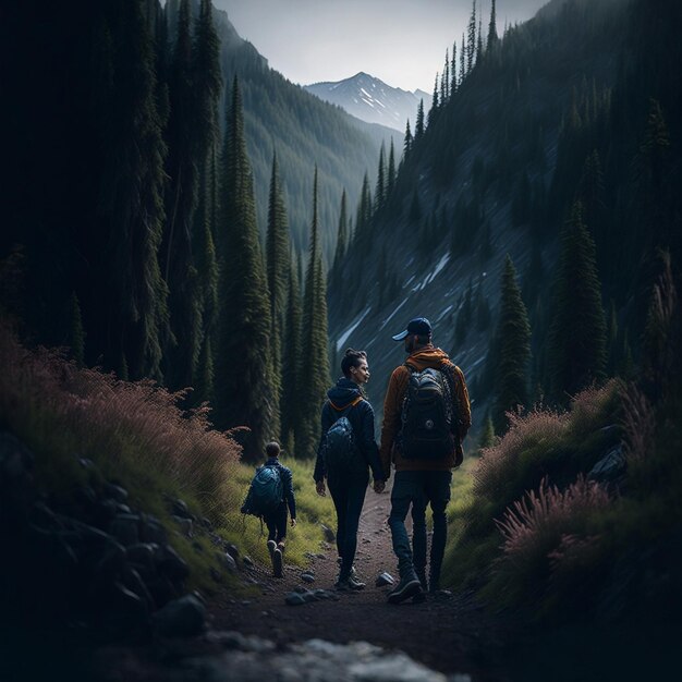 Viajando por el bosque de la montaña con amigos generados por la IA