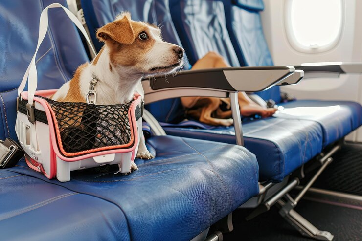 Foto viajando com animal de estimação no avião passageiro viajando com seu cão de estimação o transportador de animais de estimação é arrumado sob t