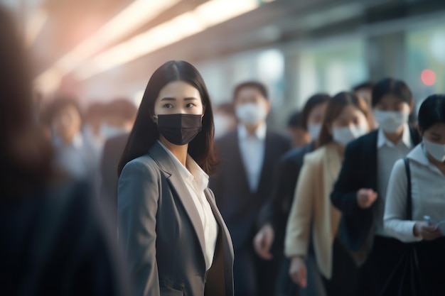 Viajando con cuidado Una mujer asiática en medio de un borrón de viajeros de negocios enmascarados en la hora pico de Bangkok Unida contra la propagación del coronavirus