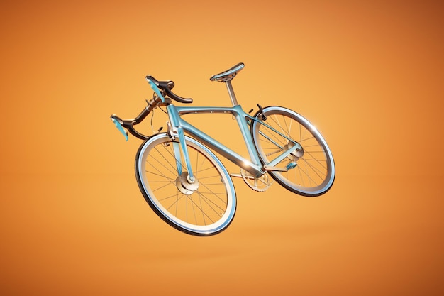 Viajando de bicicleta com moldura azul em uma renderização 3D de fundo laranja