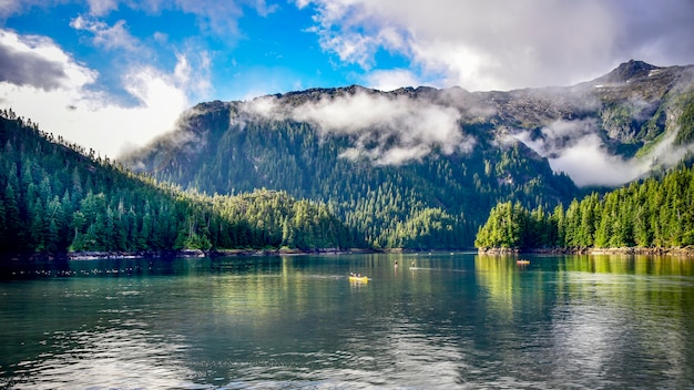 Foto viajando en el fondo de alaska con el bosque y el océano