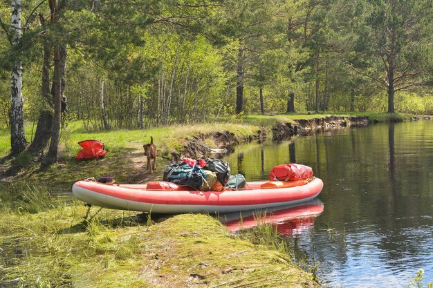 Viajando a lo largo del río en un bote