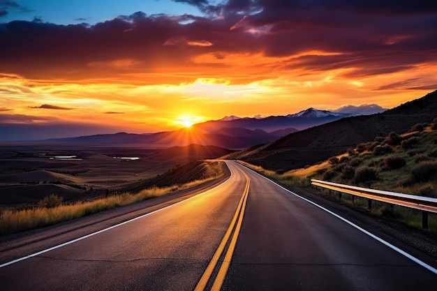 Viajando pela paisagem, há uma estrada que se estende à sua frente Enquanto você dirige ao longo da