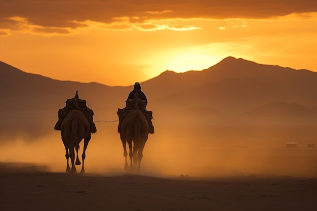 Viajando pelo deserto com dois camelos na Gobi Generative AI