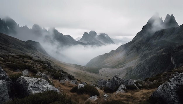 Viajando a través de los majestuosos picos de las montañas y paisajes generados por IA