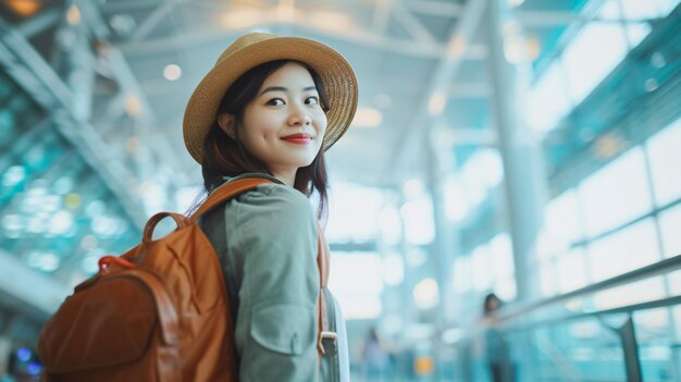 Viajante asiática alegre e atraente com mochila na área em branco do terminal contemporâneo do aeroporto Ideia de excursão turística