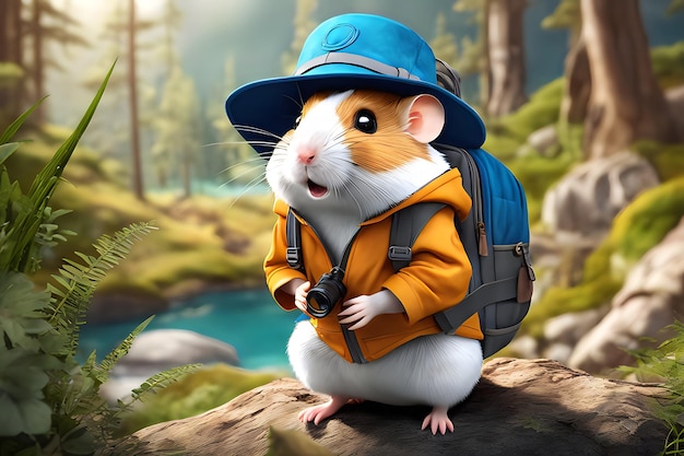 Foto viajante aventureiro hamster ilustrar um hamster vestindo um chapéu mochila e binóculos pronto para
