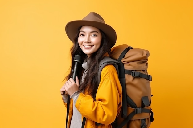 Viajante bruneta asiática feliz carrega uma grande mochila turística usa binóculos para a viagem de novo