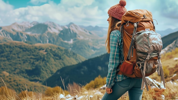 Foto viajante caminhando jovem com mochila fundo de montanhas