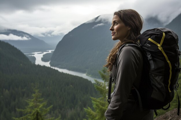 Viajante caminhando pelas montanhas com seus itens essenciais em uma mochila