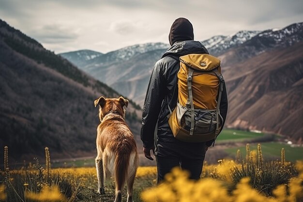 viajante com cão e mochila IA generativa