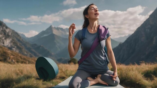 Viajante com equipamento de montanha e tapete de ioga gritando e segurando a palma perto da boca aberta
