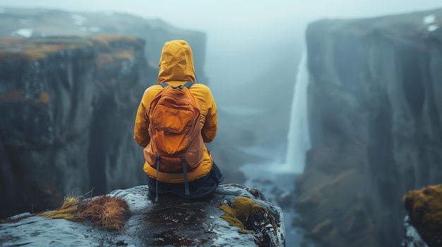 Viajante com mochila relaxa em uma cachoeira em uma paisagem natural
