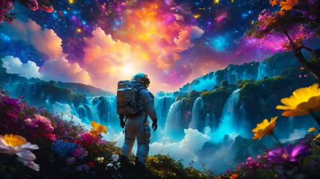 Viajante cósmico aventureiro em pé diante de uma majestosa cachoeira cercada por flora exuberante