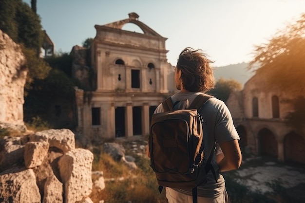 Viajante de aventura explorando ruínas históricas com mochila e câmera criada com IA generativa
