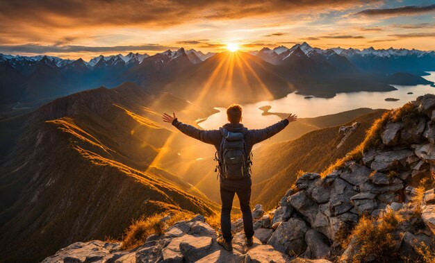 Viajante de mochila de pé no topo de uma montanha com vista panorâmica no final da tarde