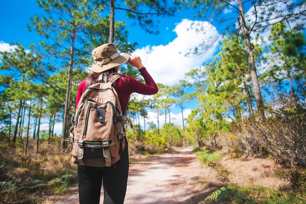 Foto viajante de mulher andando na floresta e apreciando a bela vista da natureza de férias. conceito de aventura.