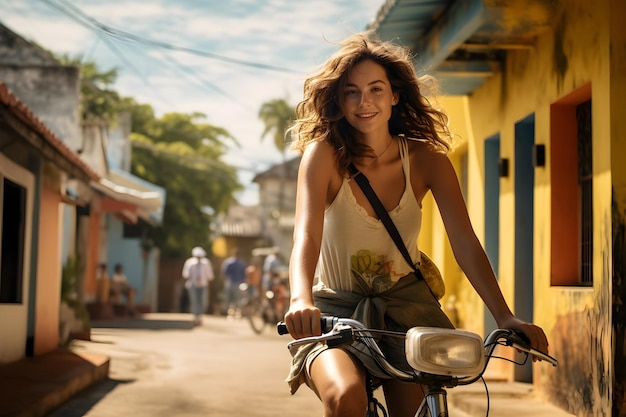 Viajante de mulher bonita andando de bicicleta pública para alugar na rua Transporte de viagem sustentável