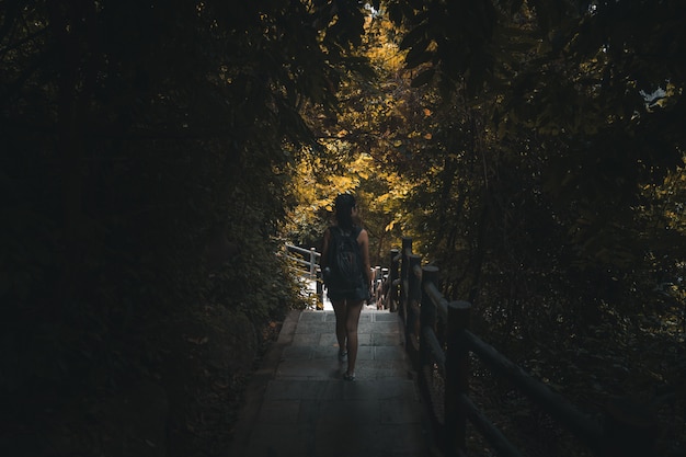 Foto viajante de mulher caminhando por um caminho