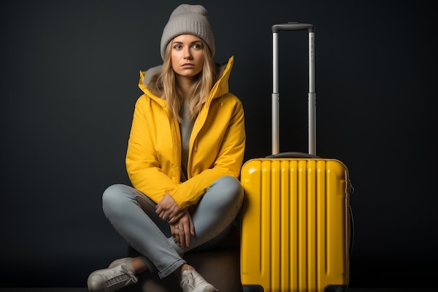 Viajante de mulher com uma mala amarela afetada Gerada Ai