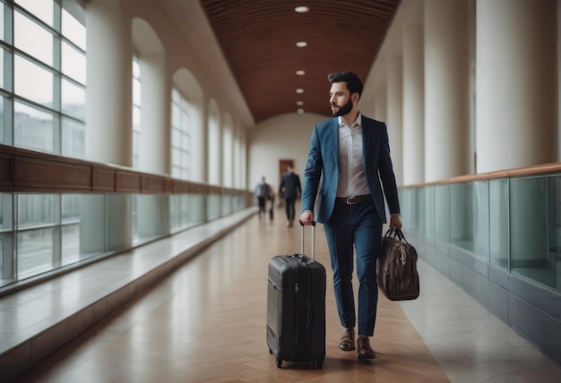 Foto viajante de negócios com uma mala rolante no terminal do aeroporto movimentado