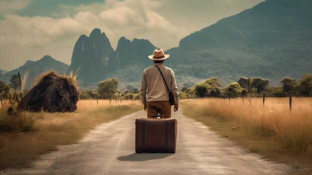 Viajante do topo da montanha com mochila ai gerada