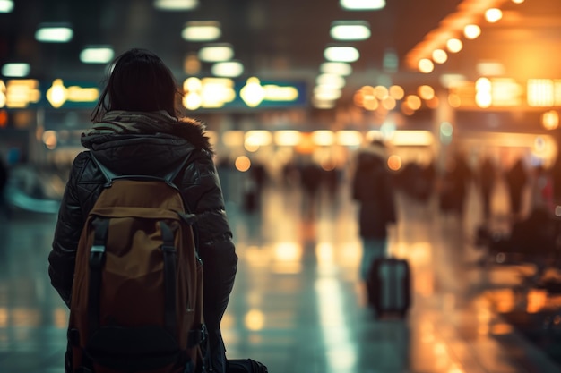 Viajante espera no movimentado aeroporto com bagagem na mão, antecipando sua viagem