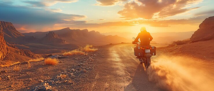 Viajante explorando o mundo em uma motocicleta de aventura enquanto viaja por uma estrada áspera e irregular em uma montanha rochosa ao pôr do sol
