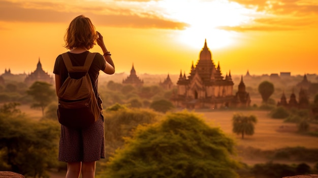 viajante feminina fotografando templos em Bagan Mianmar Ásia ao nascer do sol