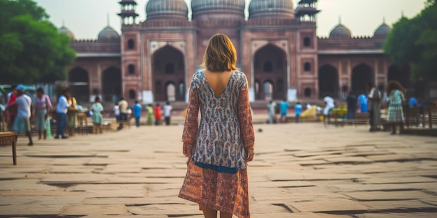 Viajante feminina vaga sozinha, mulher, vestido casual de verão, passeio de verão caminhando na Ásia