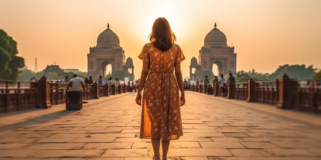 Viajante feminina vaga sozinha, mulher, vestido casual de verão, passeio de verão caminhando na Ásia