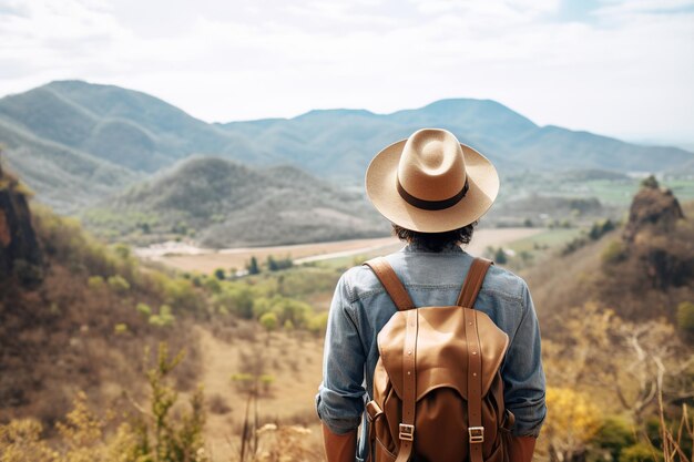 Viajante hipster com mochila sentado no topo de uma montanha e olhando para o vale