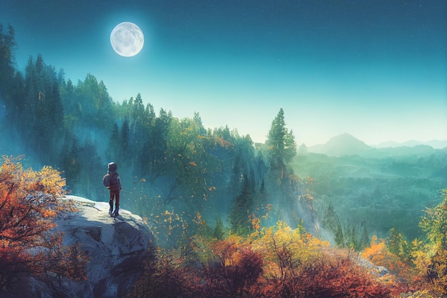 Viajante intrépido fica no penhasco com vista para a floresta de outono e a majestosa cordilheira azul clara