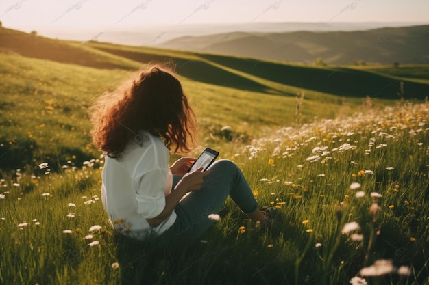 Viajante jovem com cabelo encaracolado longo e solto senta-se no prado de grama verde com flores