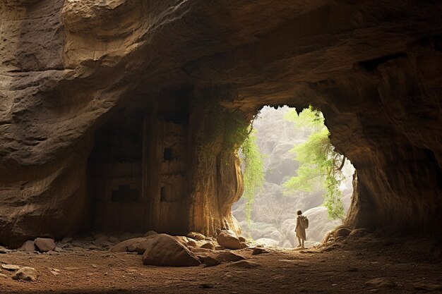 Viajante na entrada de uma caverna de montanha