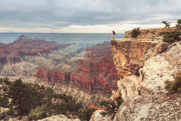 Viajante nas montanhas do penhasco sobre o parque nacional do grand canyon, arizona, eua. emoção inspiradora. viagem estilo de vida viagem sucesso motivação conceito aventura férias conceito ao ar livre.