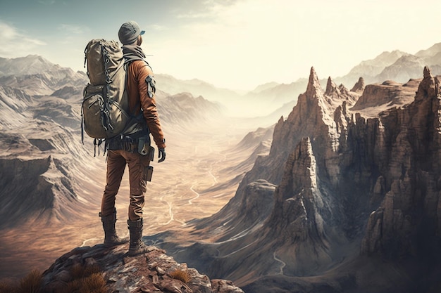Viajante ou explorador com mochila em pé no penhasco da montanha Generative Ai