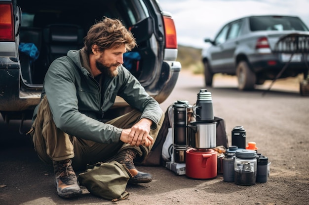 Viajante preparando café em uma parada na estrada