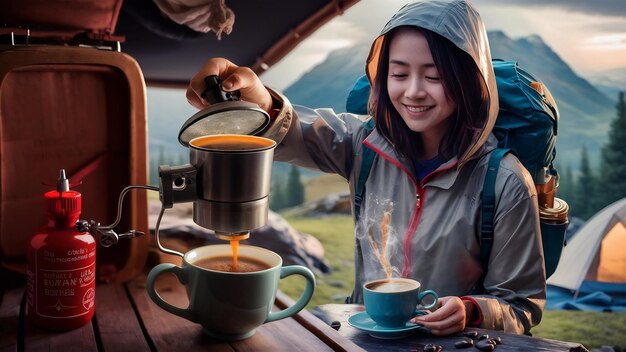 Foto viajante satisfeita despeja café da cafeteira em xícara de chá usando garrafa vermelha de butano de acampamento