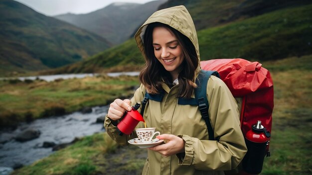 Viajante satisfeita despeja café da cafeteira em xícara de chá usando garrafa vermelha de butano de acampamento