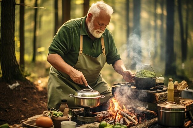 Foto viajante sênior cozinhando o jantar no avô da floresta desfrutando de atividades de lazer na natureza