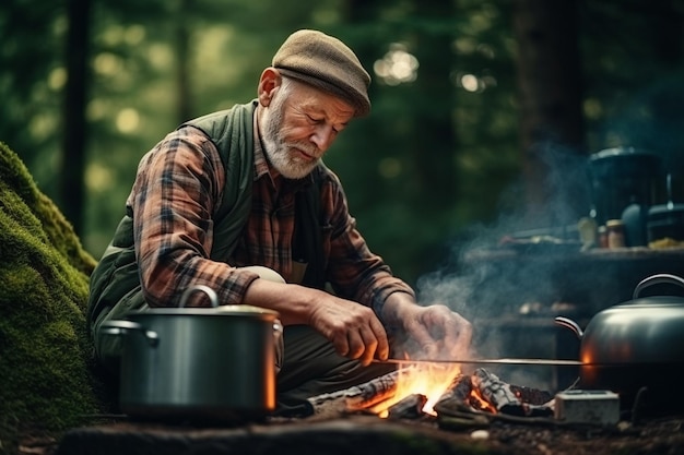 Viajante sênior cozinhando o jantar no avô da floresta desfrutando de atividades de lazer na natureza