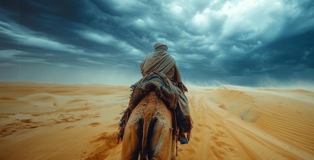 Viajante solitário em camelo atravessando vastas dunas do deserto